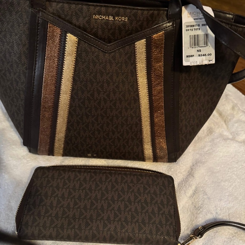 Michael Kors Brown Logo Stripe Tote with Wallet